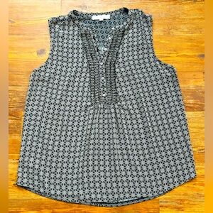 LOFT Mixed Media Printed Sleeveless Top in Black/Lt Blue Print Size XL